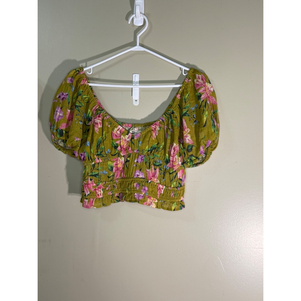 Billabong Olive Green Floral Smocked Puff Sleeve Crop Top Large Cotton Top